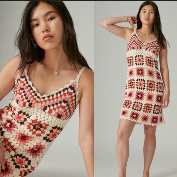 Lucky Brand Granny Square Crochet boho Dress Knit Colorful/Cream Sz xl - Picture 1 of 4